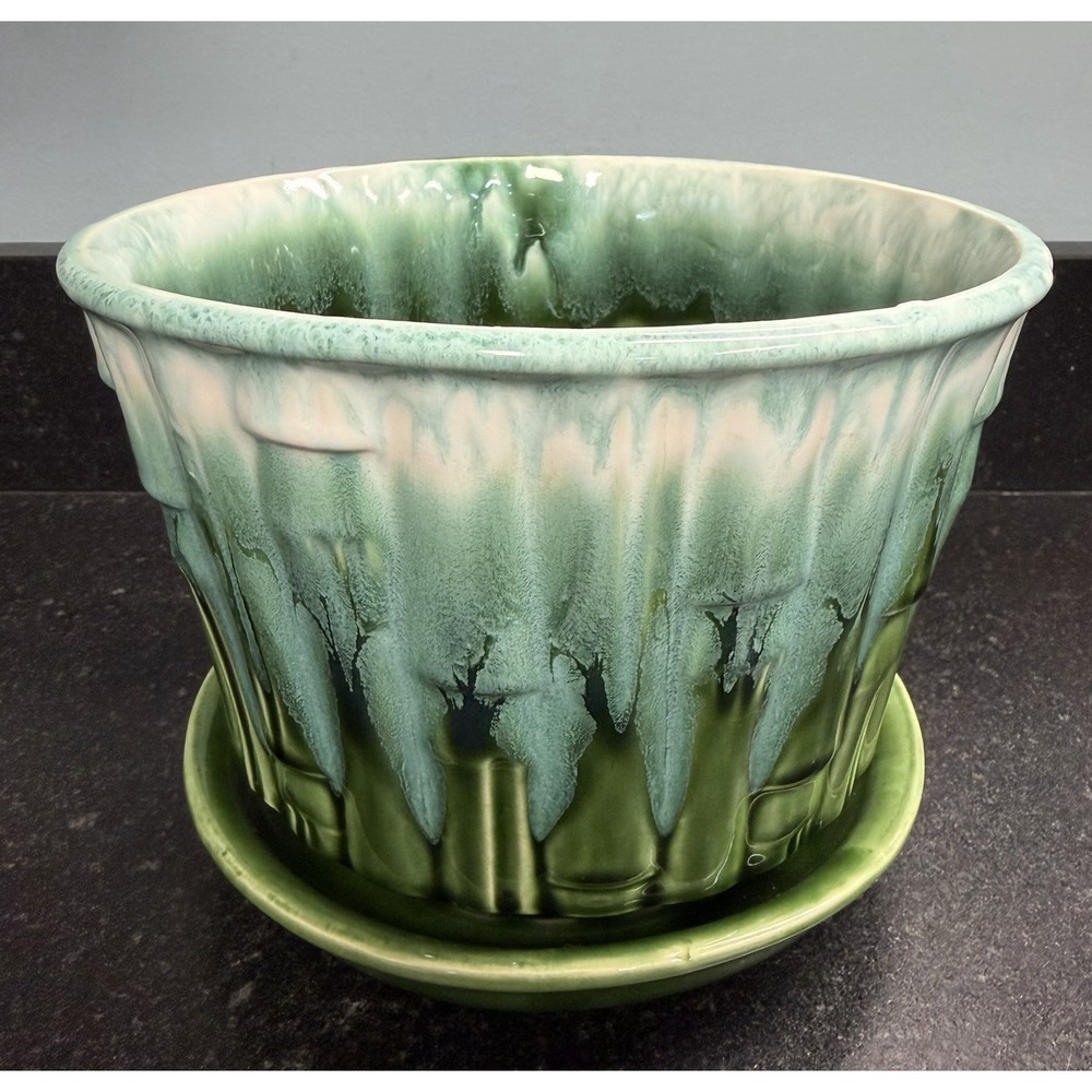 Vintage McCoy Pottery 0375 Green Drip Glaze Bamboo Planter Flower Pot Saucer USA